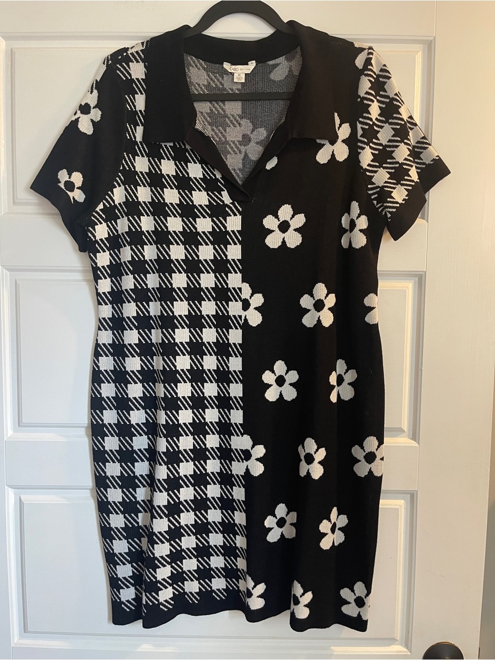 Cato Black & White Floral Plaid Knit Polo Dress